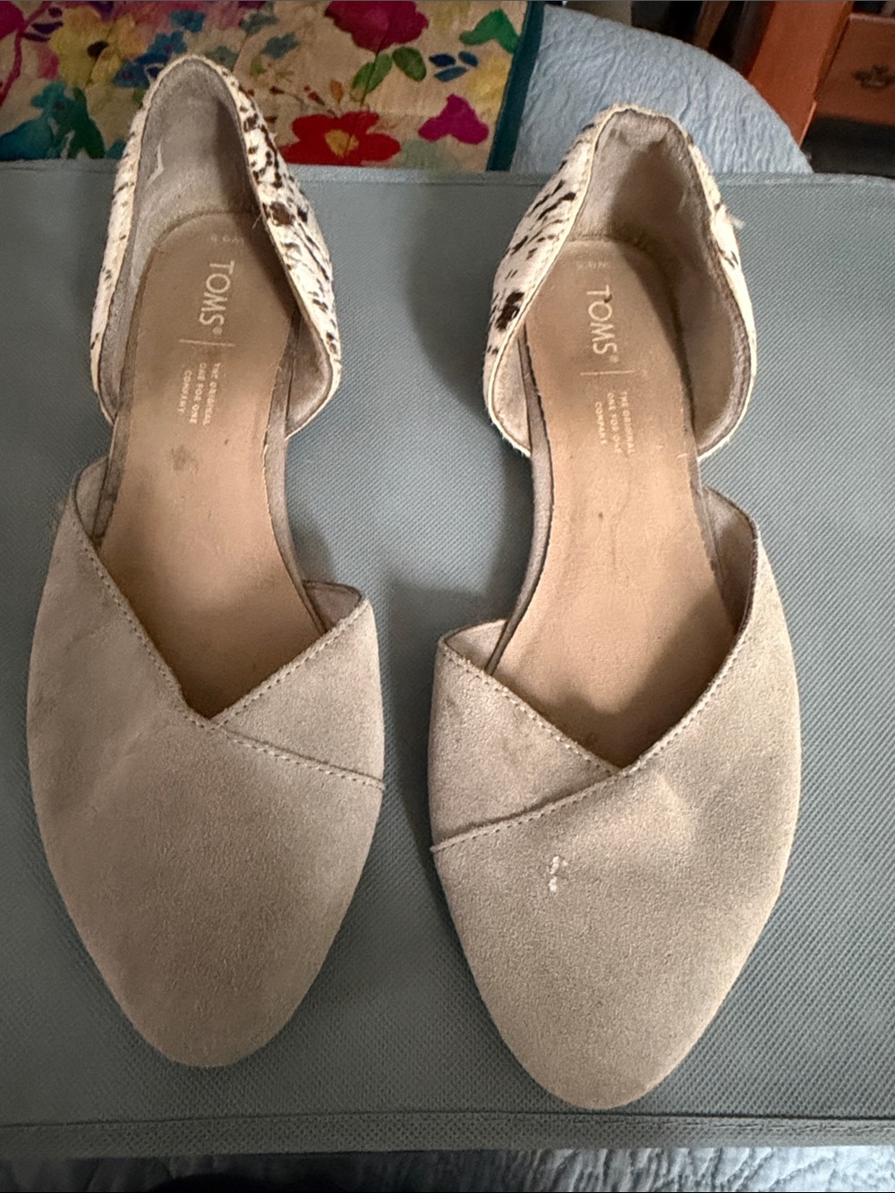 Toms Beige Suede D'Orsay Flats with Patterned Heel Strap